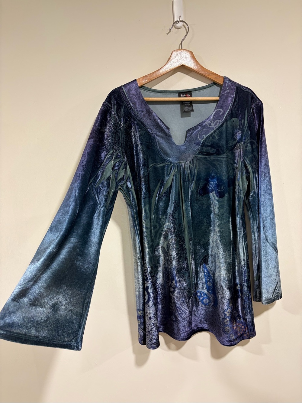 Style & Co Velvet Blue Purple Ombre Bell Sleeve Top Size XL Y2K Whimsigoth
